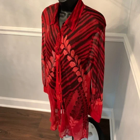 Vera Cristina Red Floral Print Sheer Silk Tunic Size M - Picture 2 of 8
